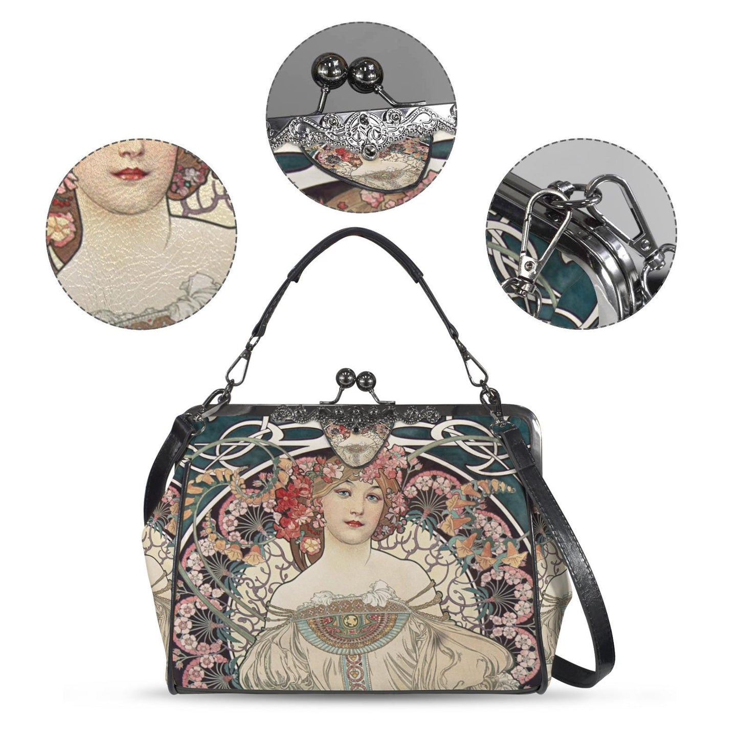 Art Nouveau Style Kisslock Crossbody Handbag - Vintage Romantic Bag