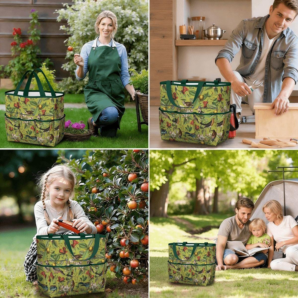 Green Vintage Bird Garden Tote – Gardening Tool Organizer Bag With Pockets