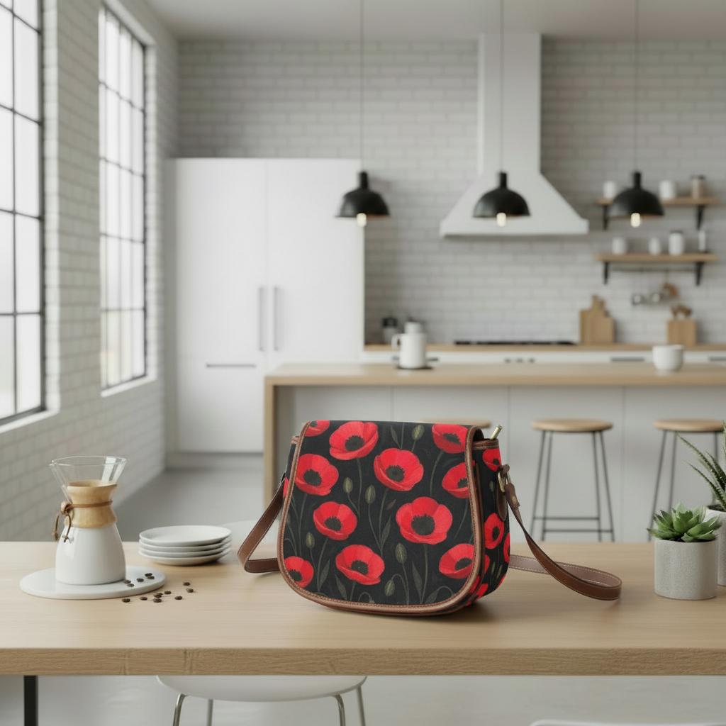 Black Red Poppies Shoulder Saddle Handbag, Romantic Gothic Dark Academia Crossbody