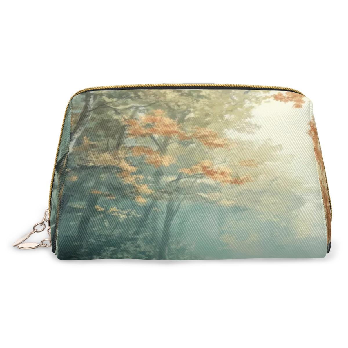 Vintage Autumn Forest Oil Painting Makeup Bag – Moody Faux Leather Travel Cosmetics Case