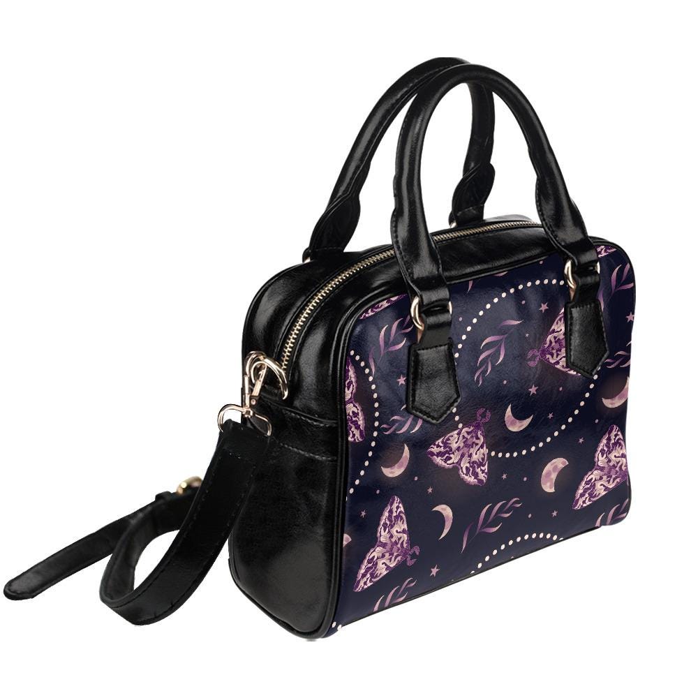 Dark Academia Moths & Moon Shoulder Handbag – Gothic Vegan Leather Handbag