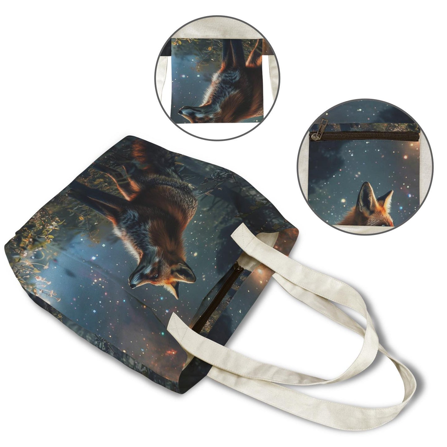 Enchanted Forest Fox Yoga Tote Bag with Mat Holder – Dark Academia Cotton Linen Tote