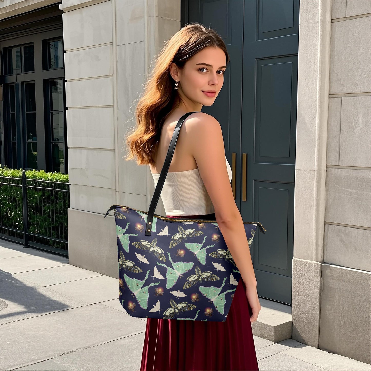 Dark Academia Moths Roomy Tote Bag - Black Green Large Shoulder Handbag Shopper