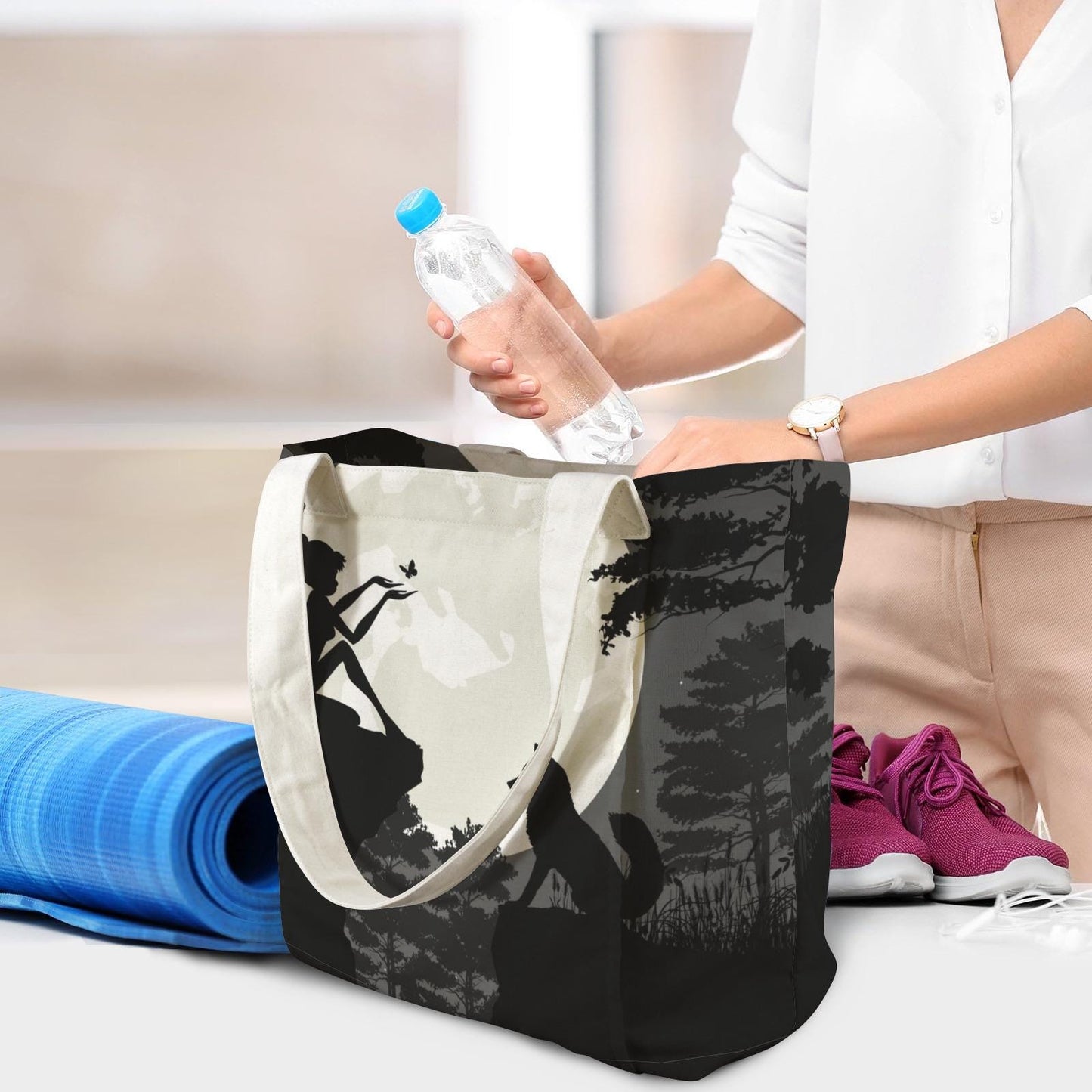 Fairy Forest Wolf Yoga Tote Bag with Mat Holder – Black White Silhouette Fairycore