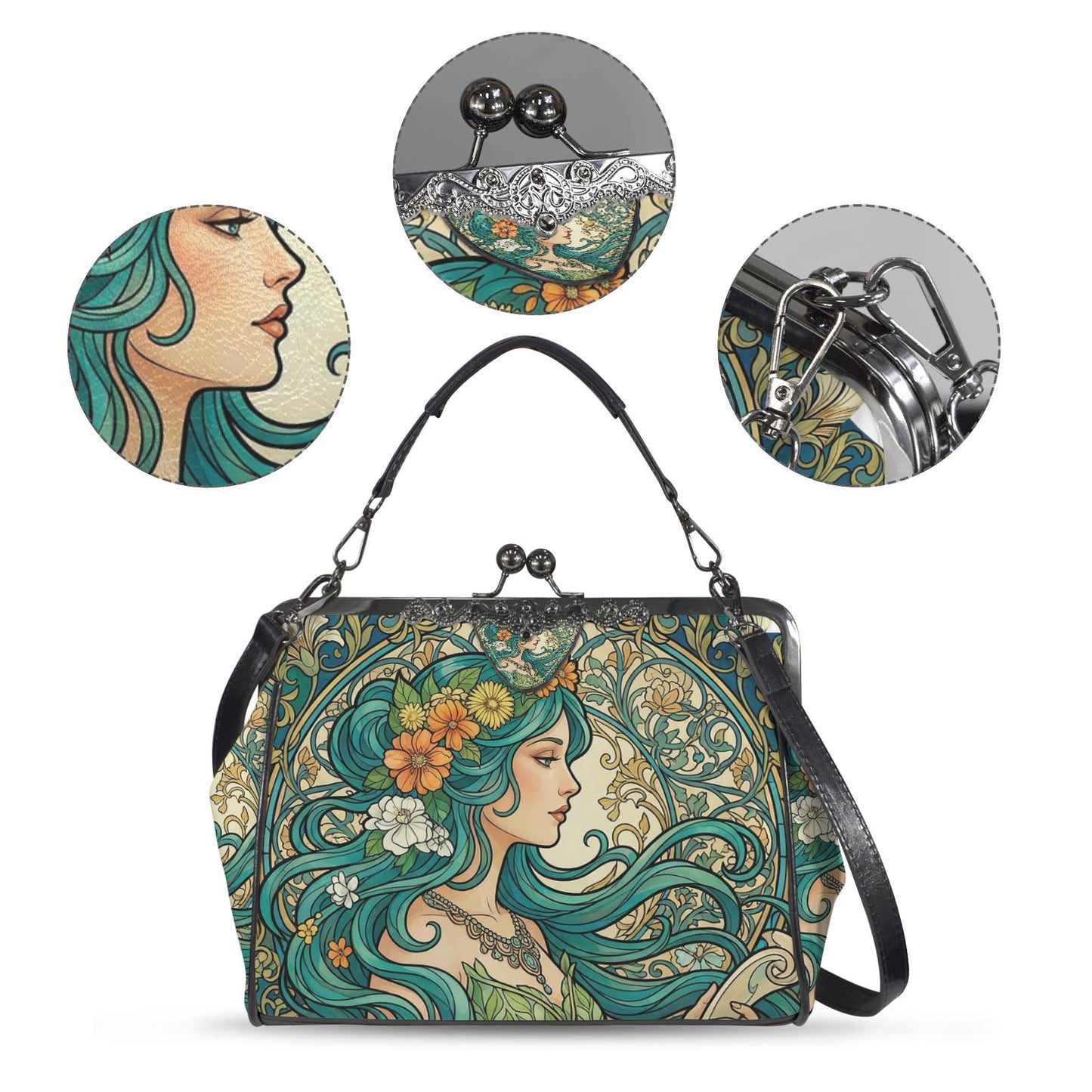 Art Nouveau Style Kisslock Crossbody Handbag - Vintage Romantic Bag
