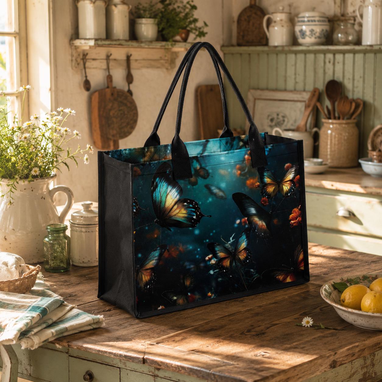 Fairycore Butterflies XL Tote Bag – Blue Black Dark Academia Market Shopper