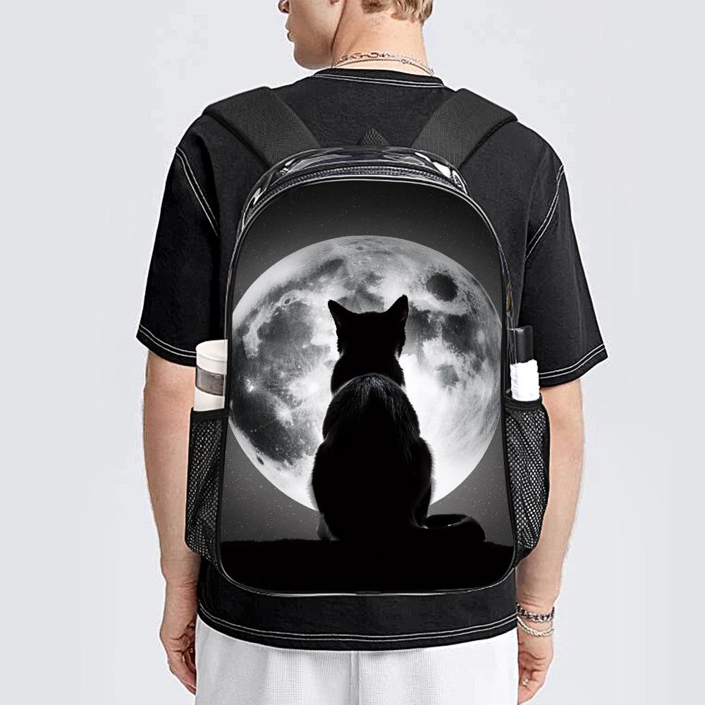 Black Cat & Moon Clear PVC Backpack, School Travel Business Daypack with Side Pockets