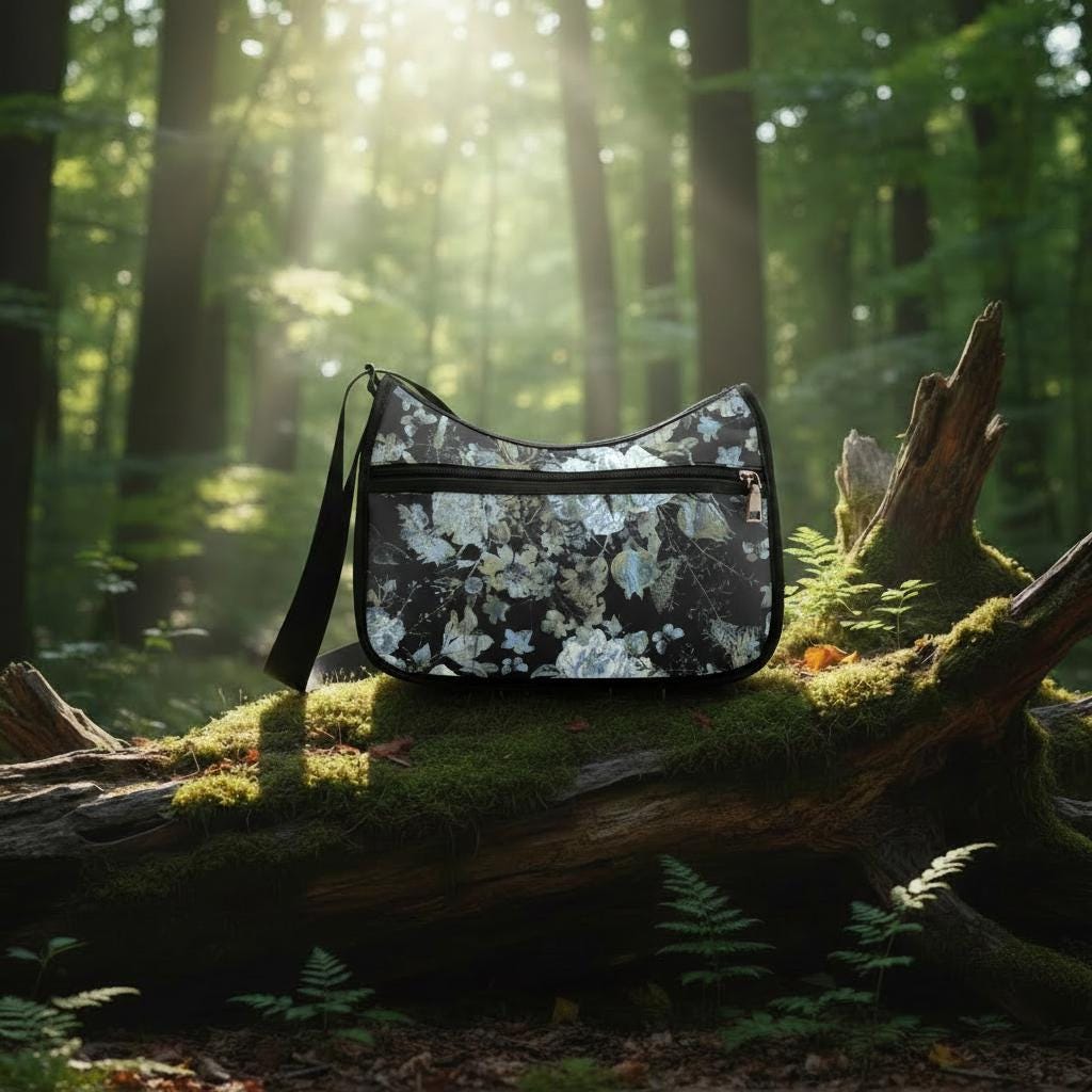 Black Gray Moody Floral Shoulder Bag – Gothic Dark Academia Hobo Bag