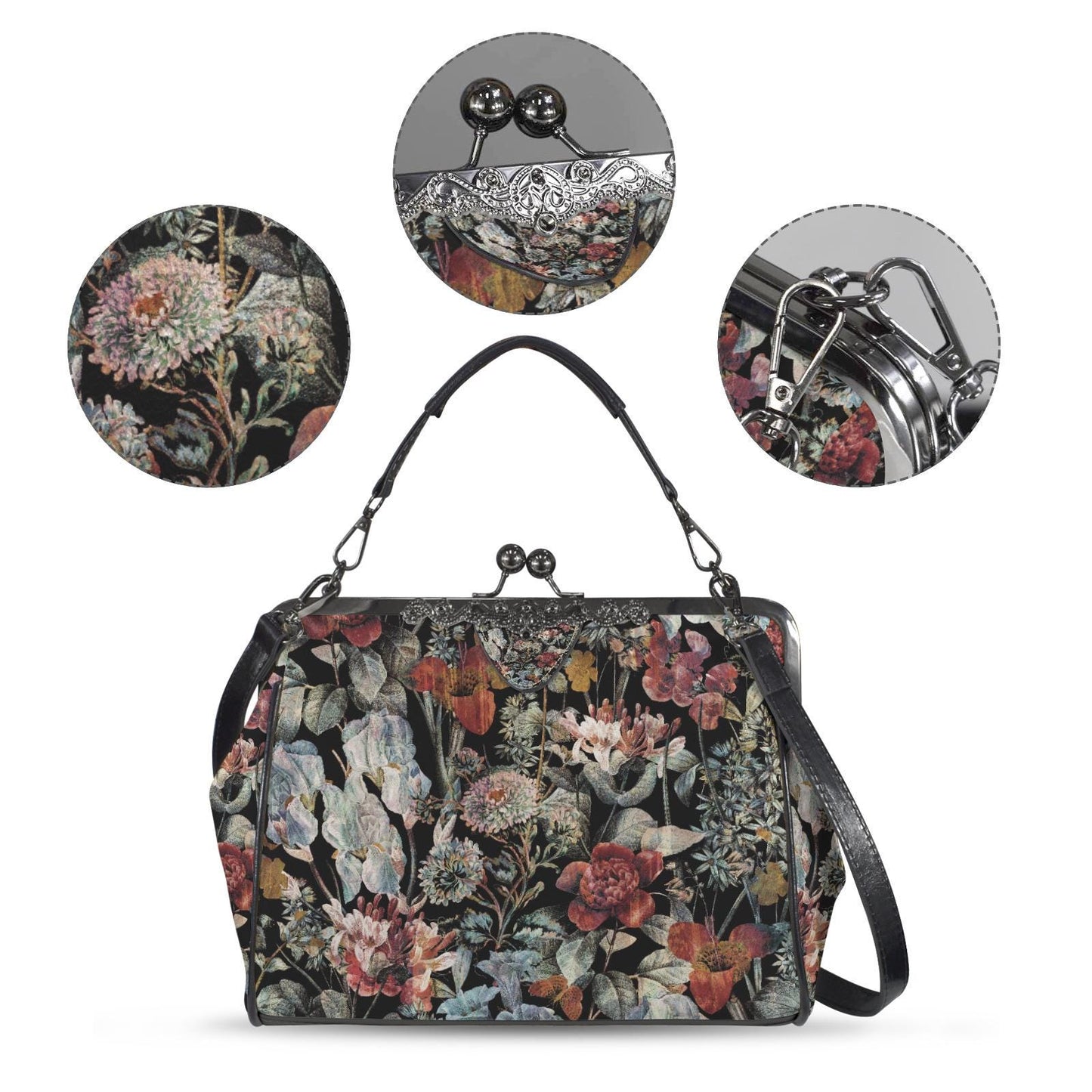 Dark Academia Moody Floral Vintage Kisslock Bag - Victorian Gothic Crossbody