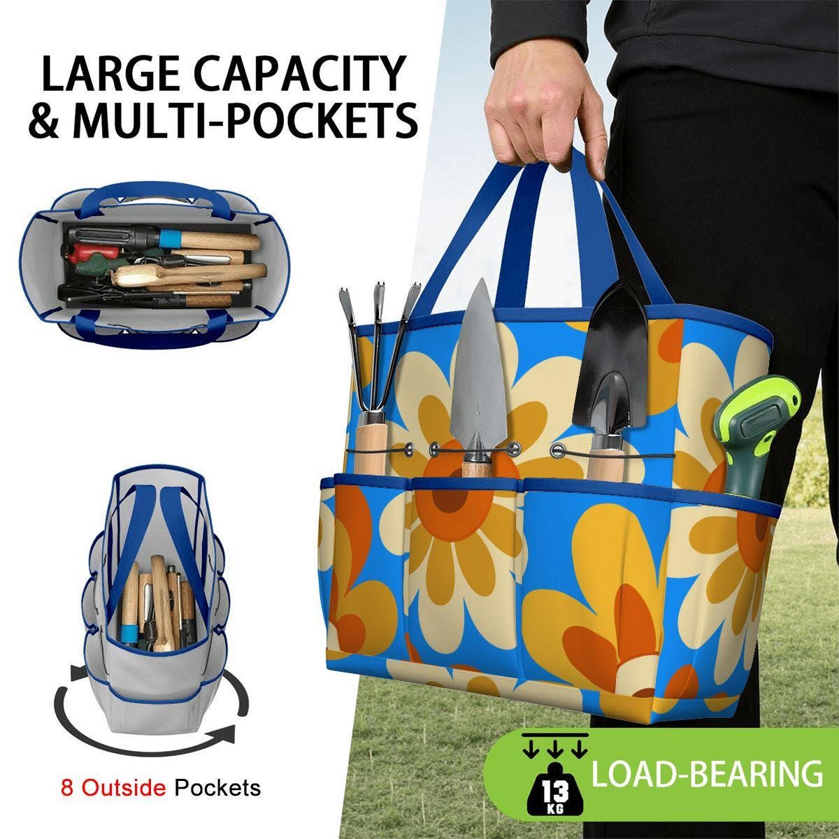 Retro 70s Gardening Tool Organizer Bag – Bold Blue Orange Flower Power Tote