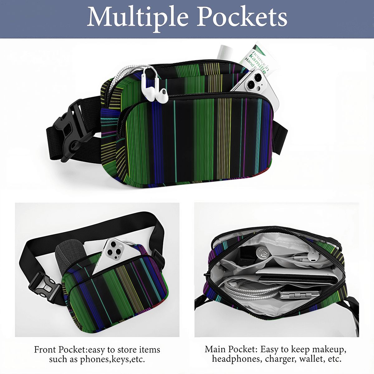 Retro 80s Striped Pattern Fanny Pack – Hands-Free Belt Bag
