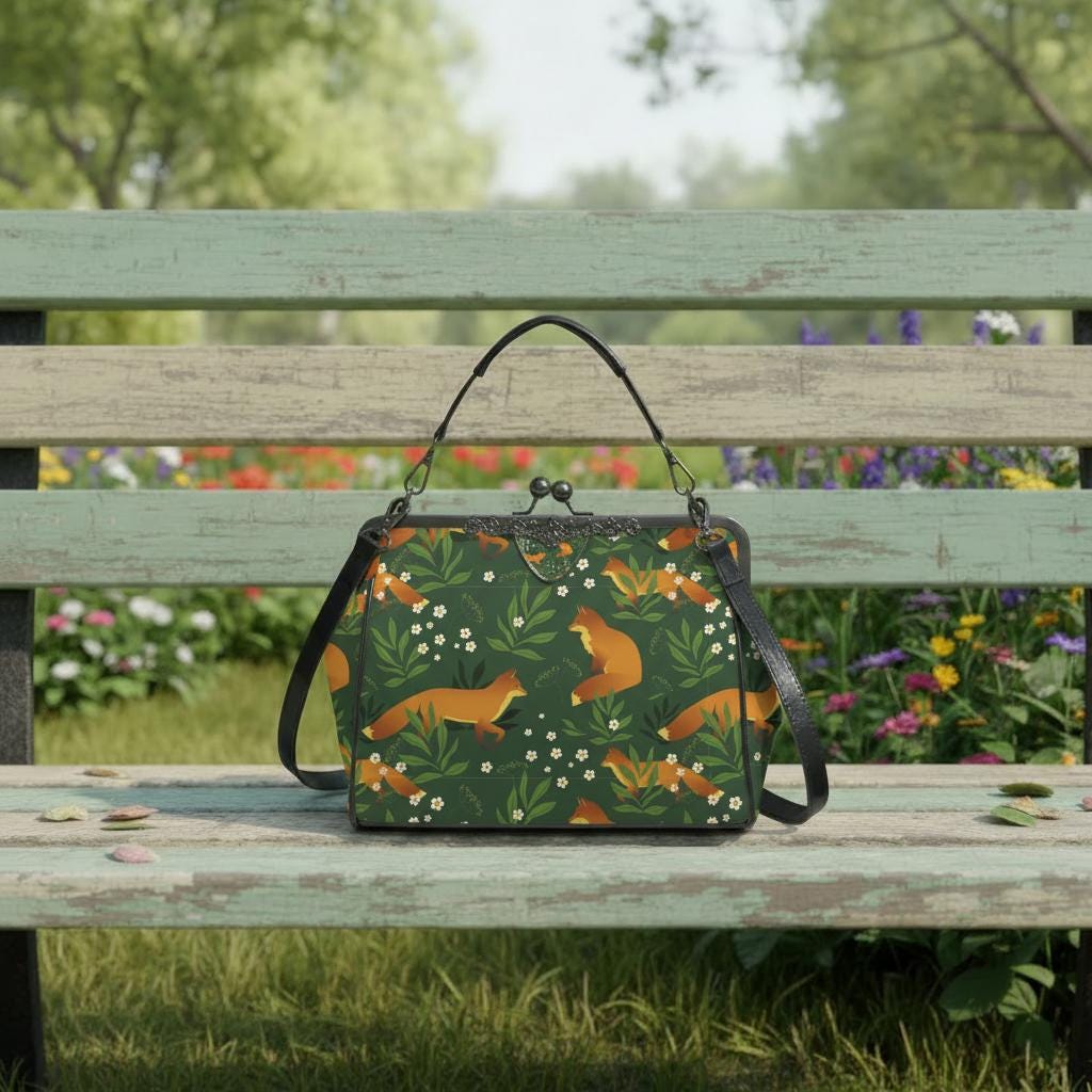 Green Orange Fox Vintage Kisslock Bag - Forest Crossbody Handbag