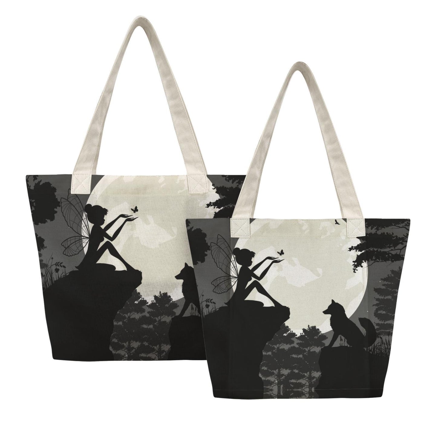 Fairy Forest Wolf Yoga Tote Bag with Mat Holder – Black White Silhouette Fairycore