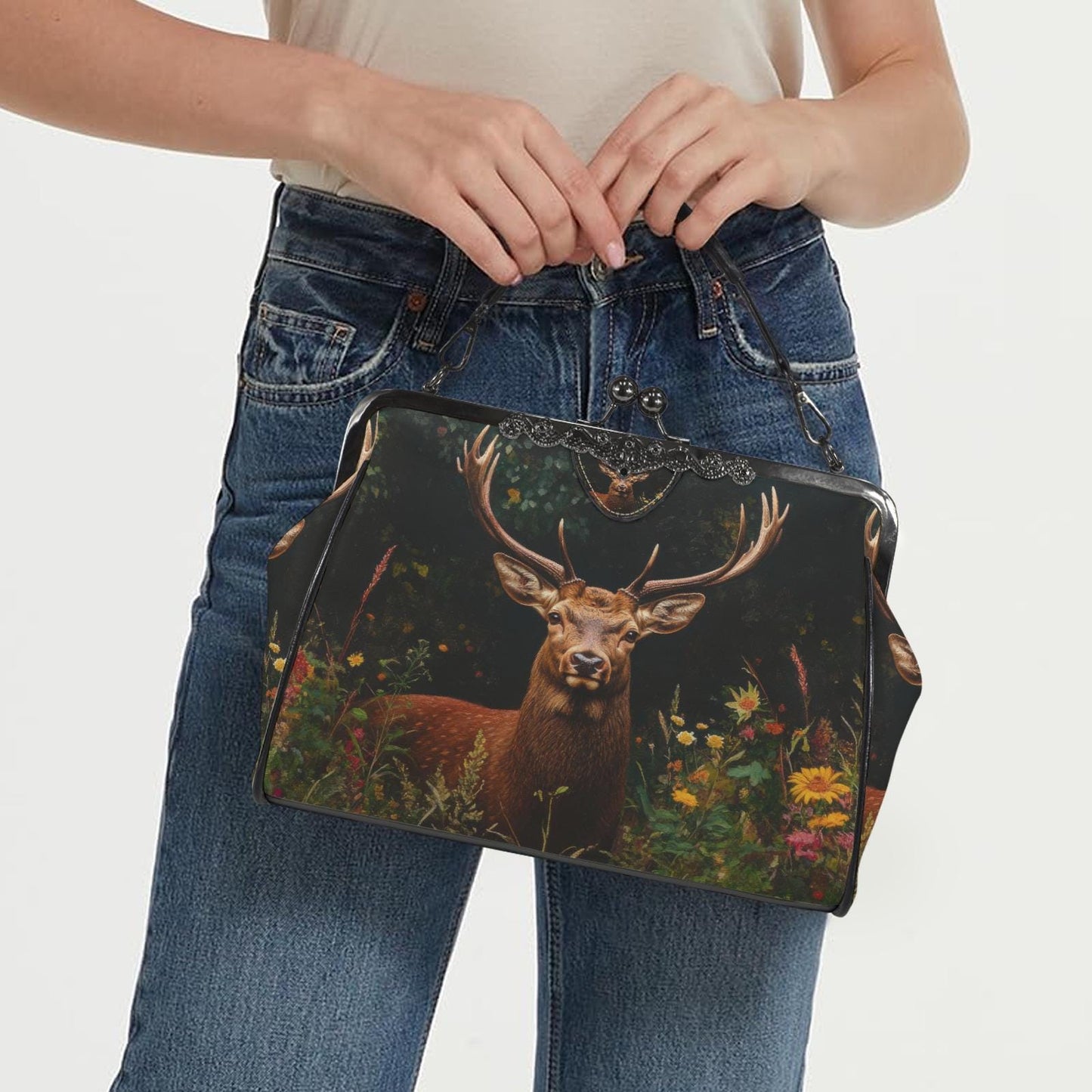 Deer Forest Kisslock Crossbody Shoulder Bag - Dark Academia Nature Lover Handbag