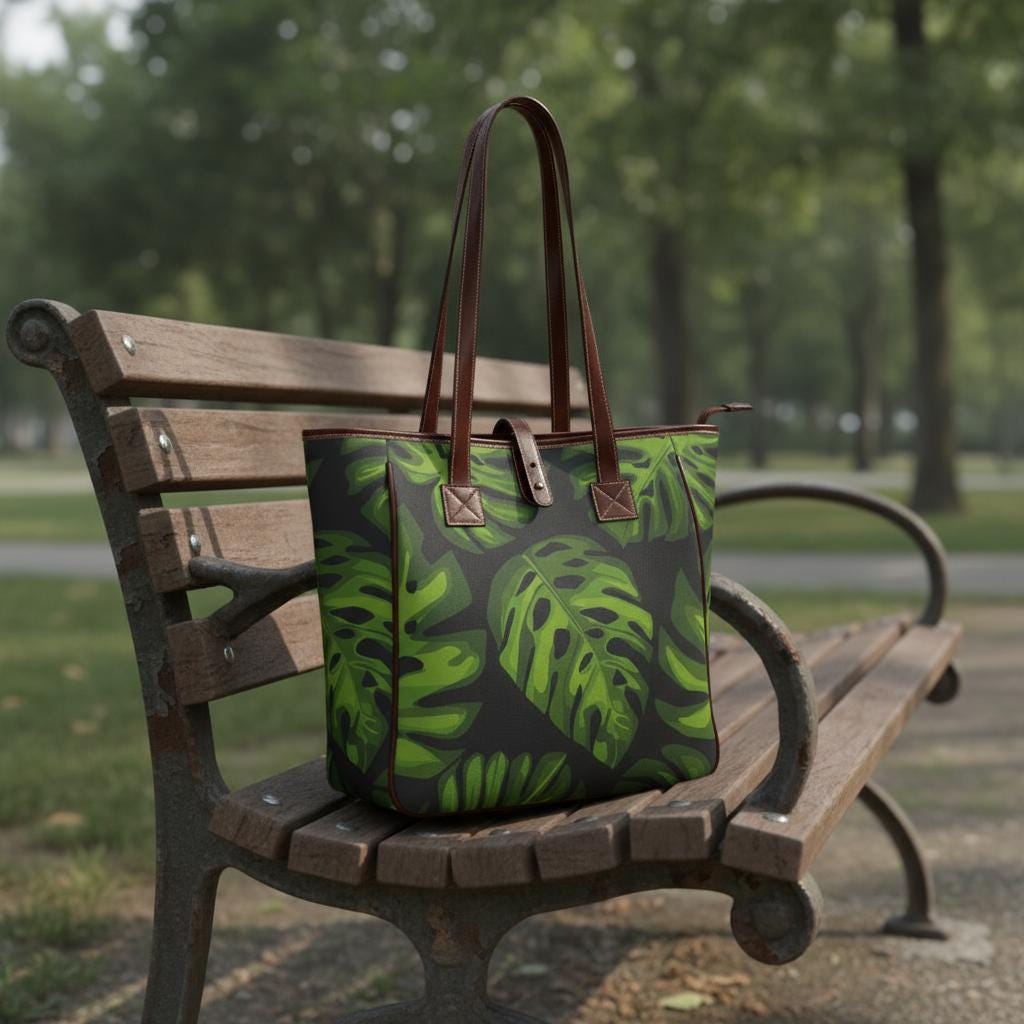 70s Retro Monstera Leaf Tote Bag – Large Dark Academia Zip Handbag