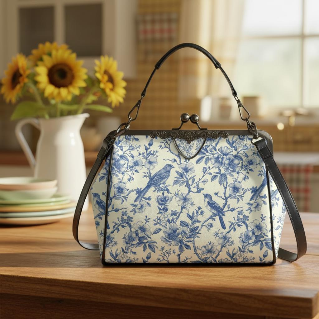 Toile de Jouy Vintage Kisslock Crossbody Bag – Victorian Handbag with Adjustable Strap
