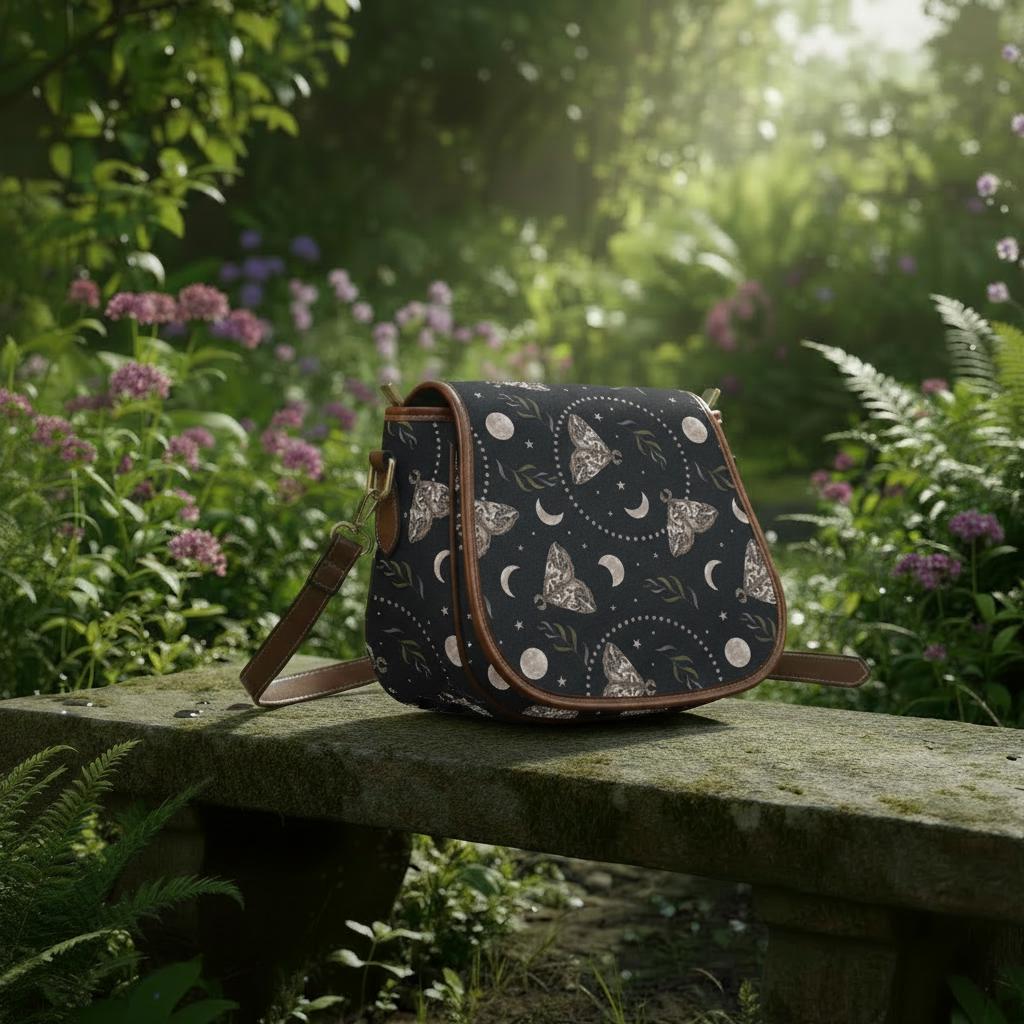Dark Academia Gothic Moths & Moon Crossbody Saddle Bag