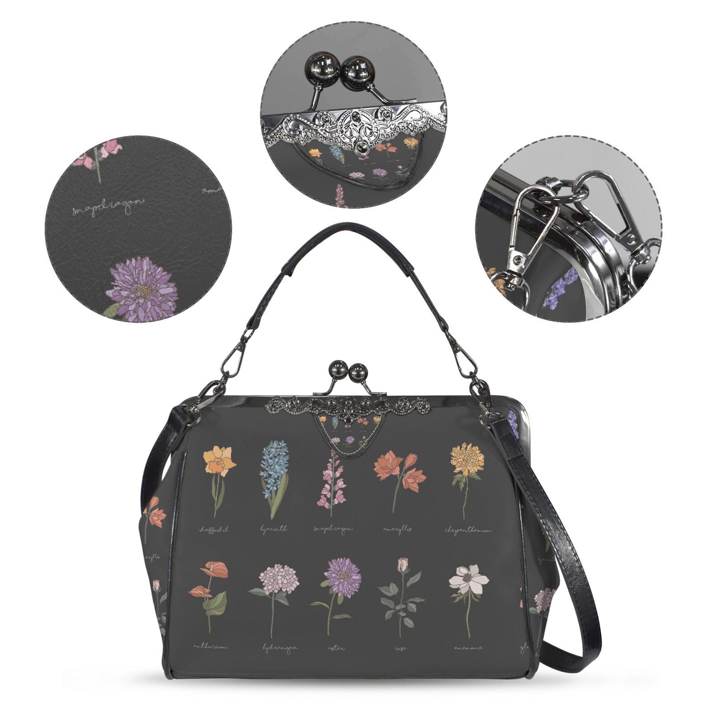 Black Floral Victorian Kisslock Crossbody Handbag - Dark Academia Gothic Bag