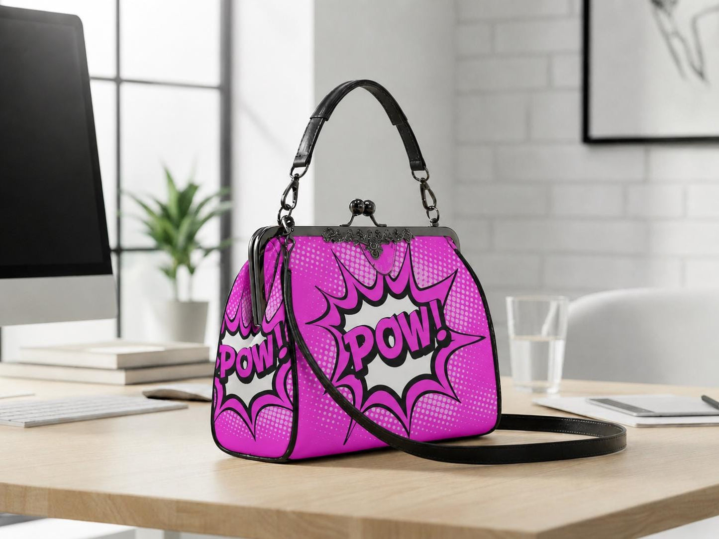 Pop Art Y2k Comic Vegan Kisslock Bag – Pink Bold Graphic Crossbody Handbag