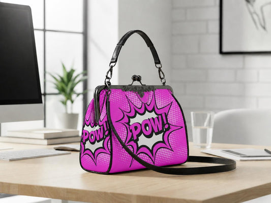 Pop Art Y2k Comic Vegan Kisslock Bag – Pink Bold Graphic Crossbody Handbag