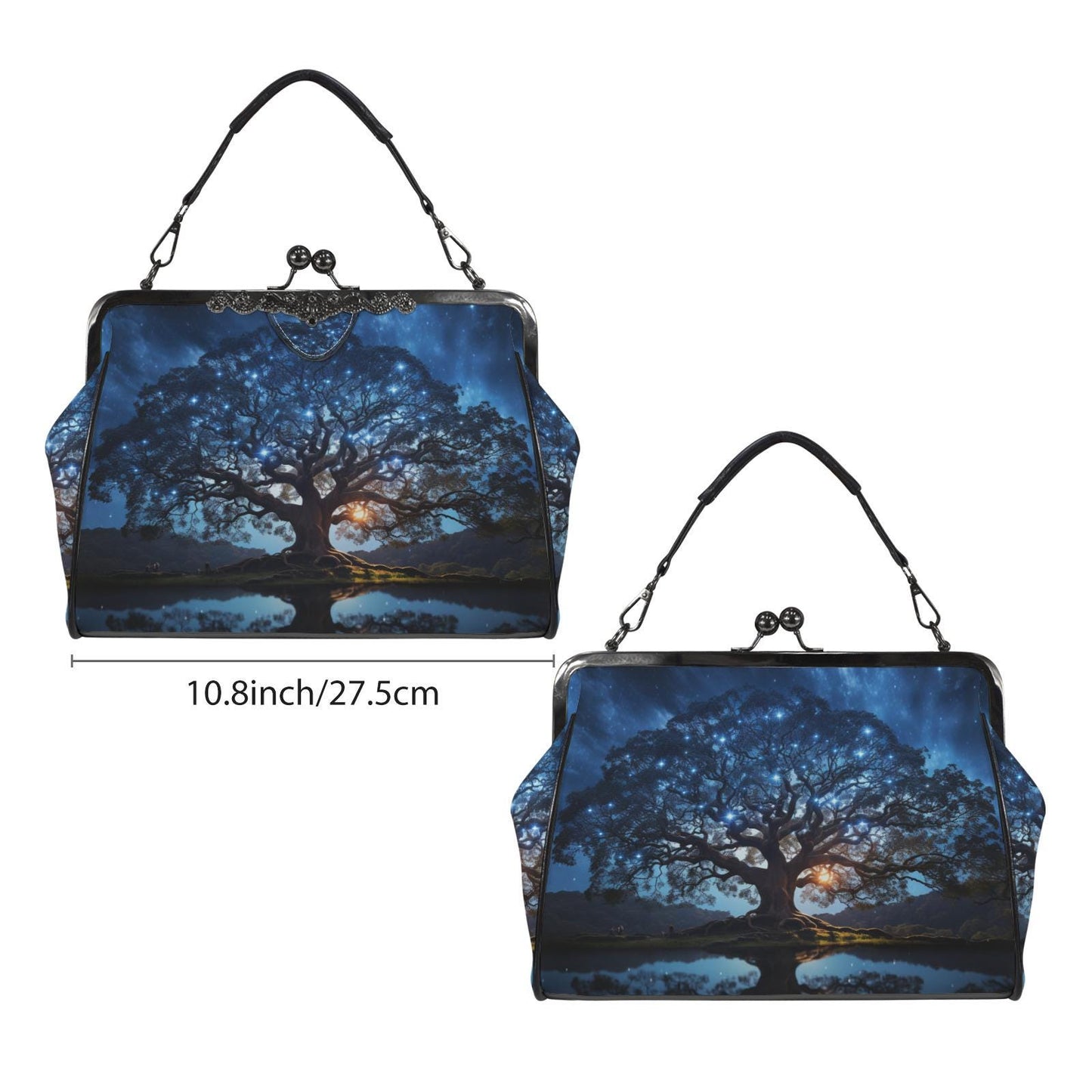 Bold Tree at Night Kisslock Crossbody Shoulder Bag - Blue Black Dark Academia Handbag