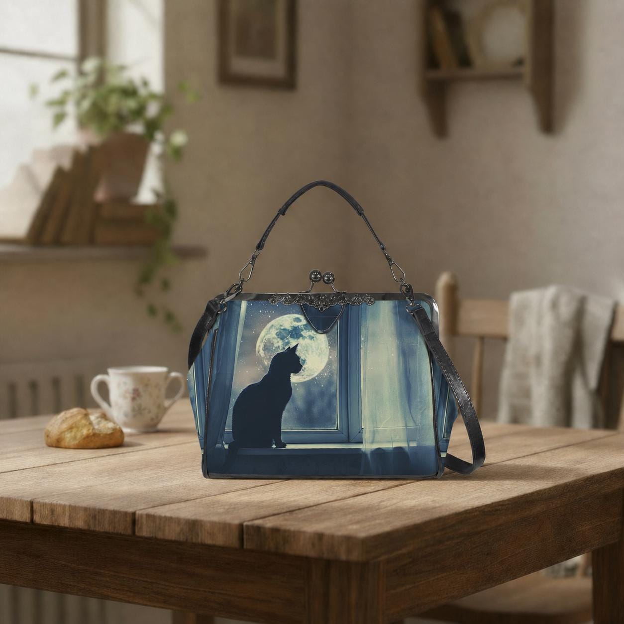 Black Cat Moon Dark Academia Kisslock Bag – Gothic Night Crossbody Handbag