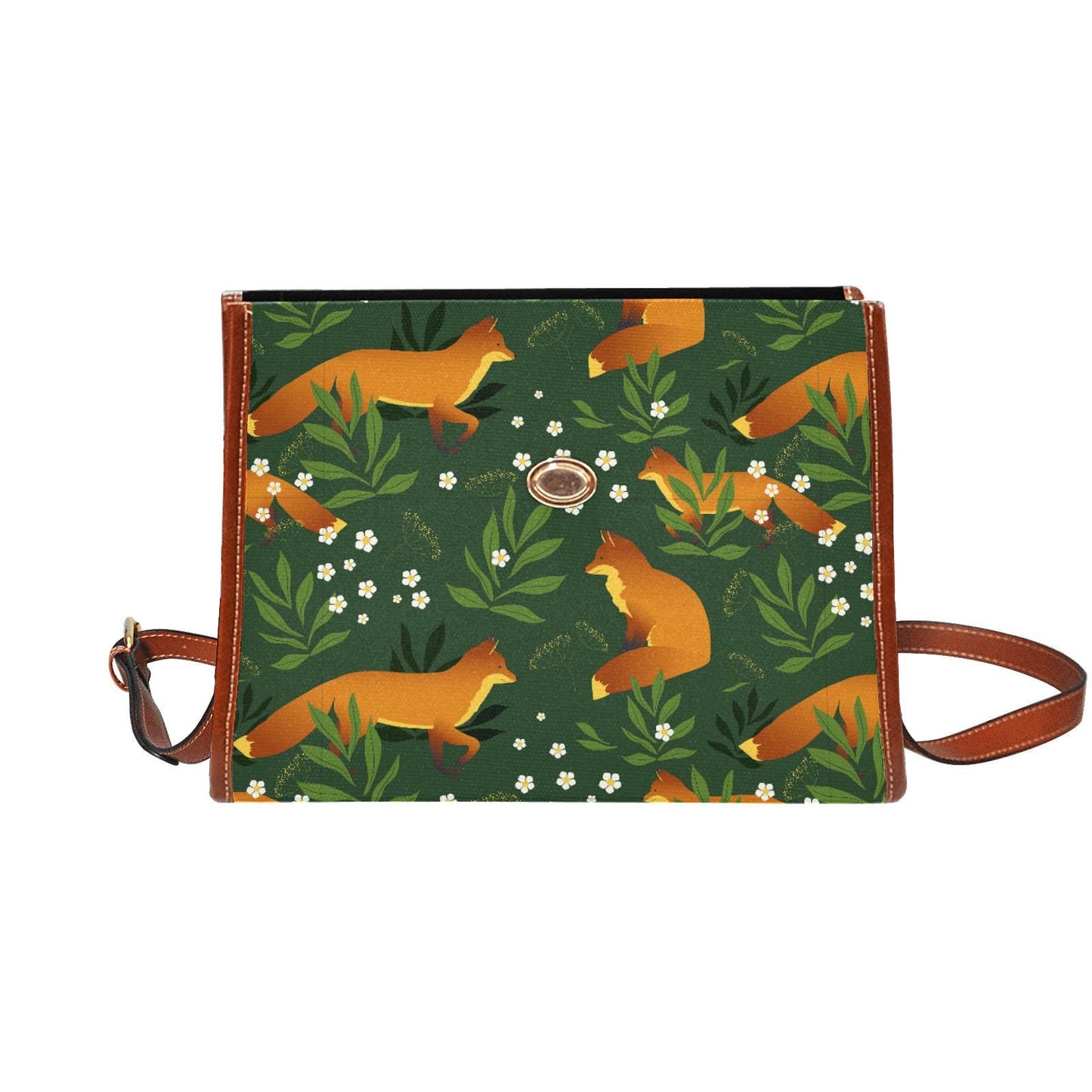 Retro Fox Forest Canvas Crossbody Bag – Green Orange Vintage Style Handbag