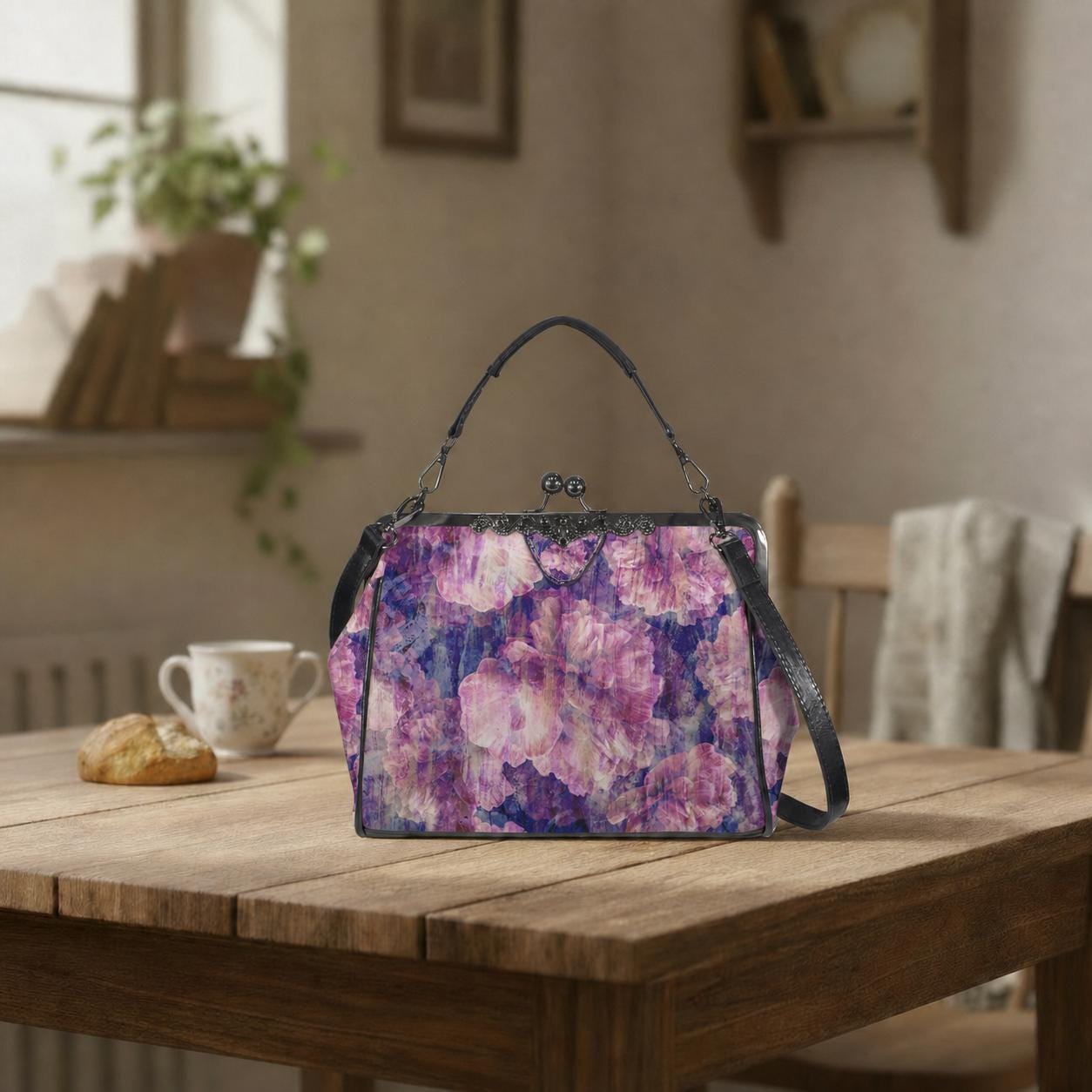 Purple Pink Flowers Kisslock Handbag - Faded Vintage Floral Crossbody Shoulder Bag