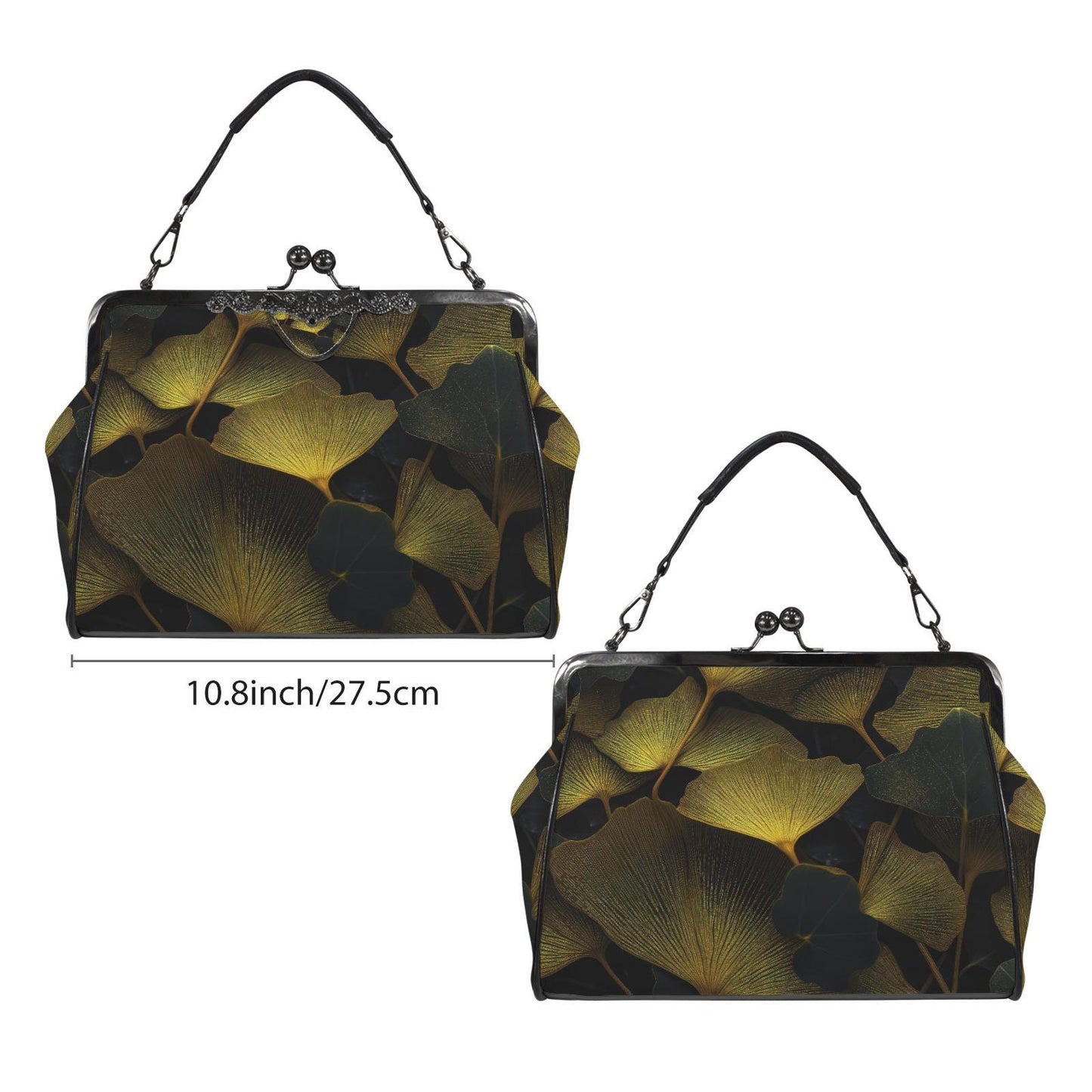 Black Gold Ginkgo Leaves Kisslock Handbag - Botanical Crossbody Shoulder Bag
