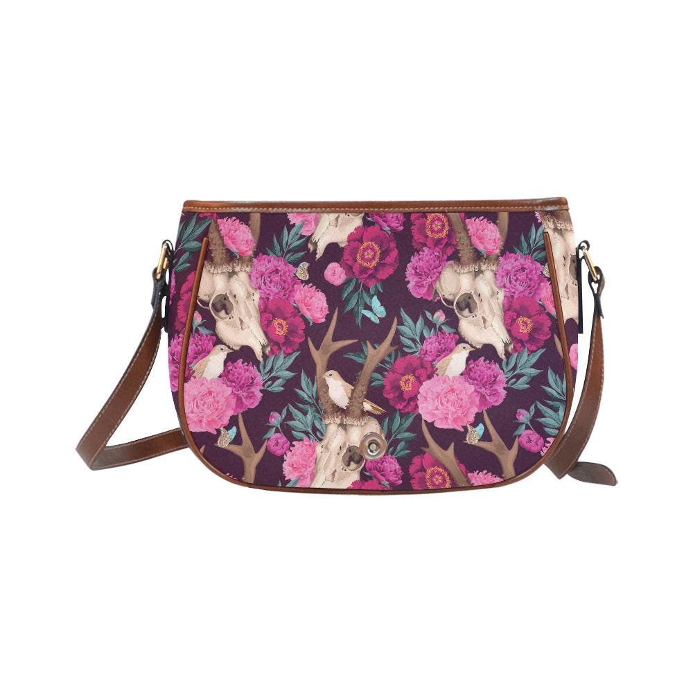 Bolso de montar con rosas y calavera de estilo dark academia – bandolera vintage
