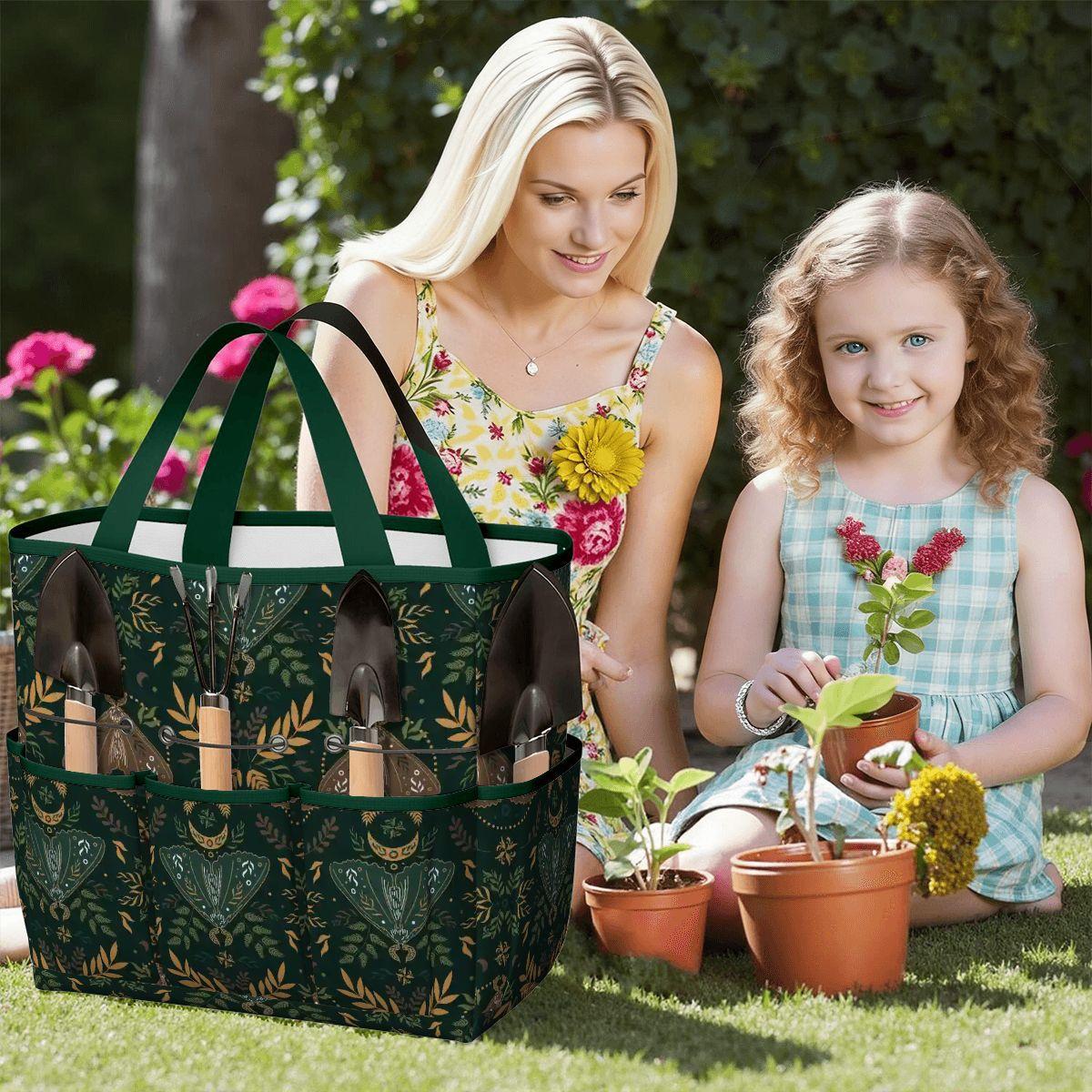 Dark Green Folkloric Garden Tote – Gardening Tool Organizer Bag With Pockets