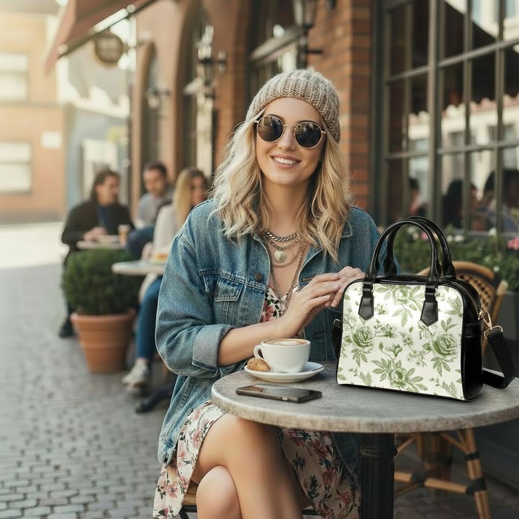 Green White Toile de Jouy Vegan Bag - Floral Crossbody Handbag