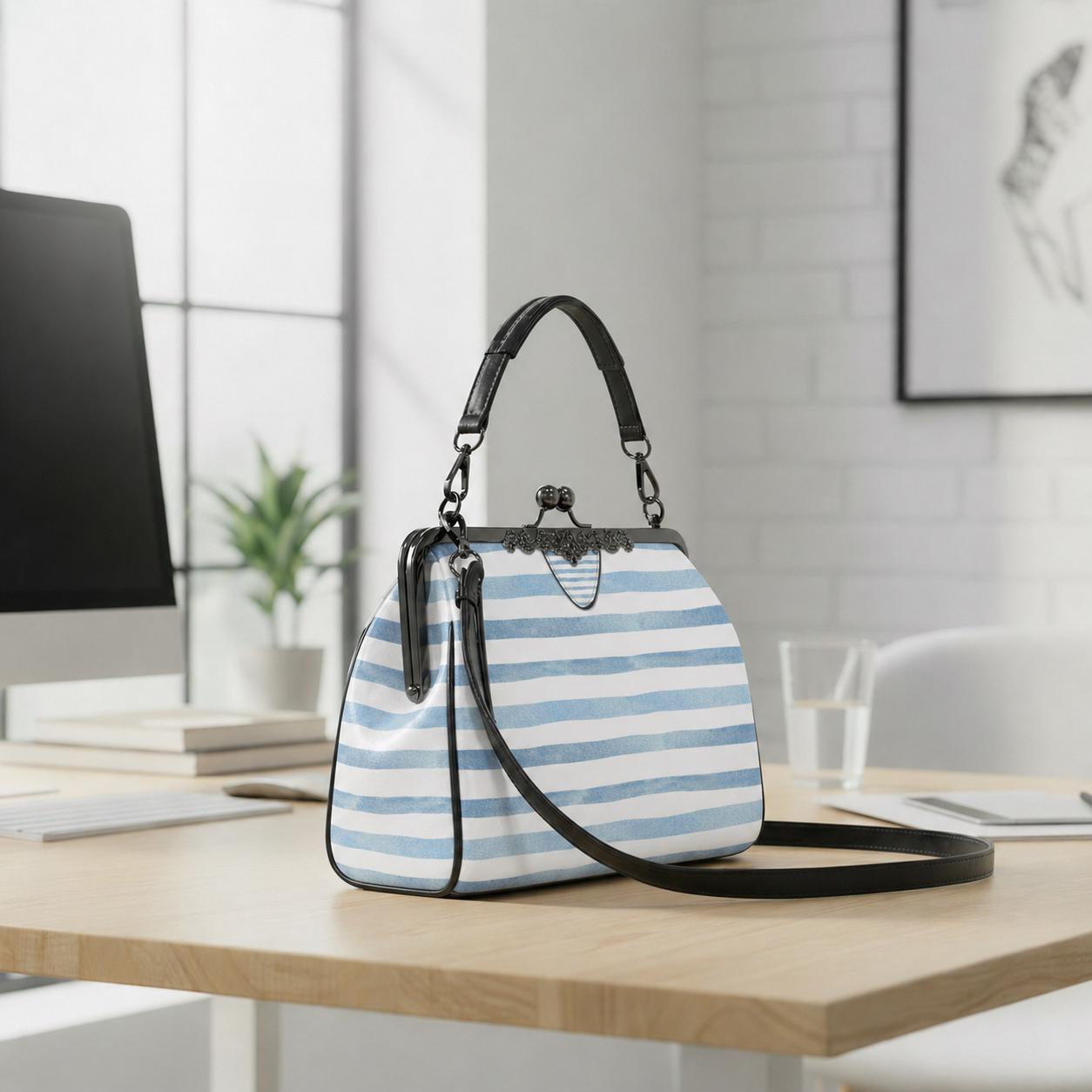 Blue White Striped Kisslock Crossbody Shoulder Bag - Vintage Nautical Summer Handbag