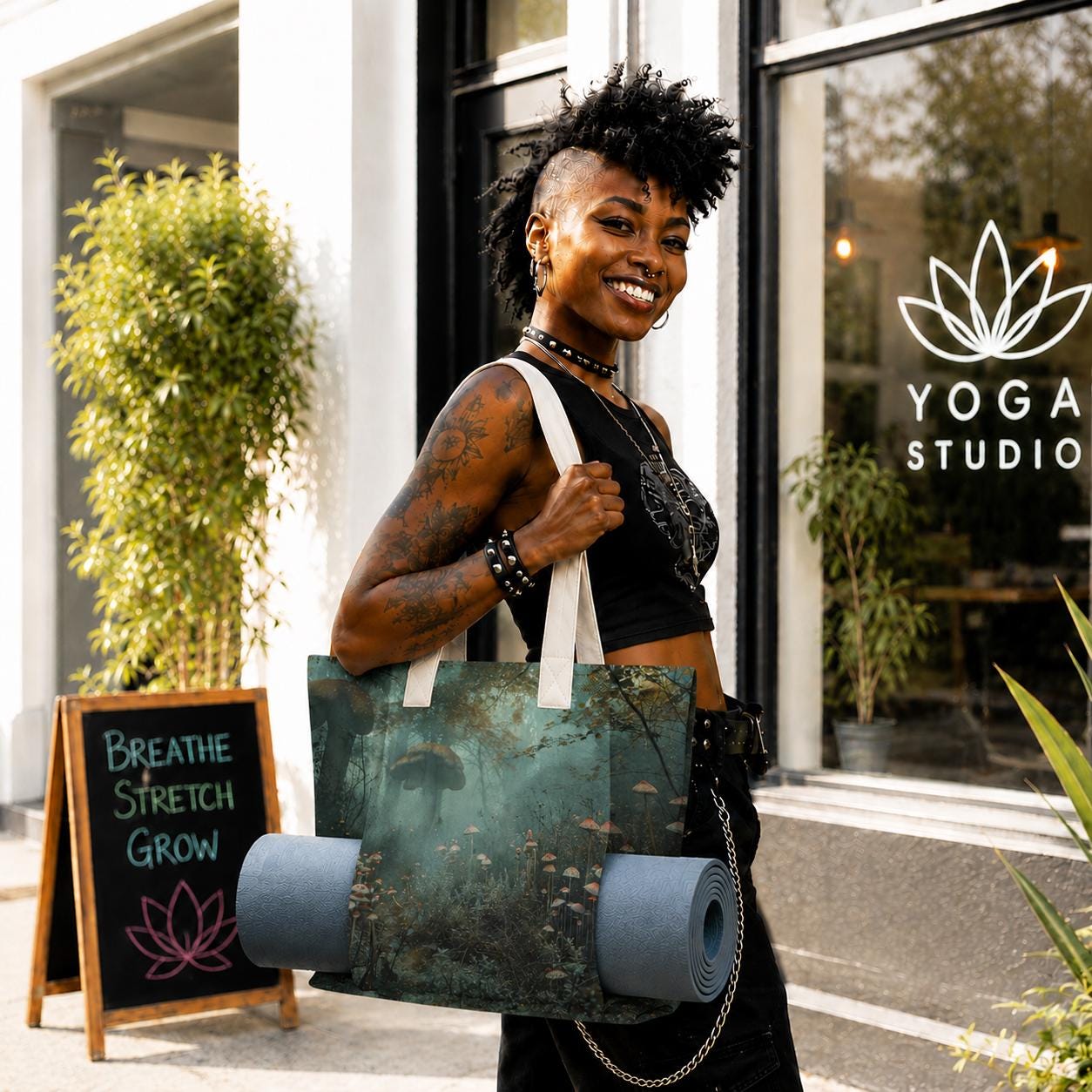 Enchanted Mushroom Forest Yoga Tote Bag with Mat Holder – Dark Academia Botanical Tote