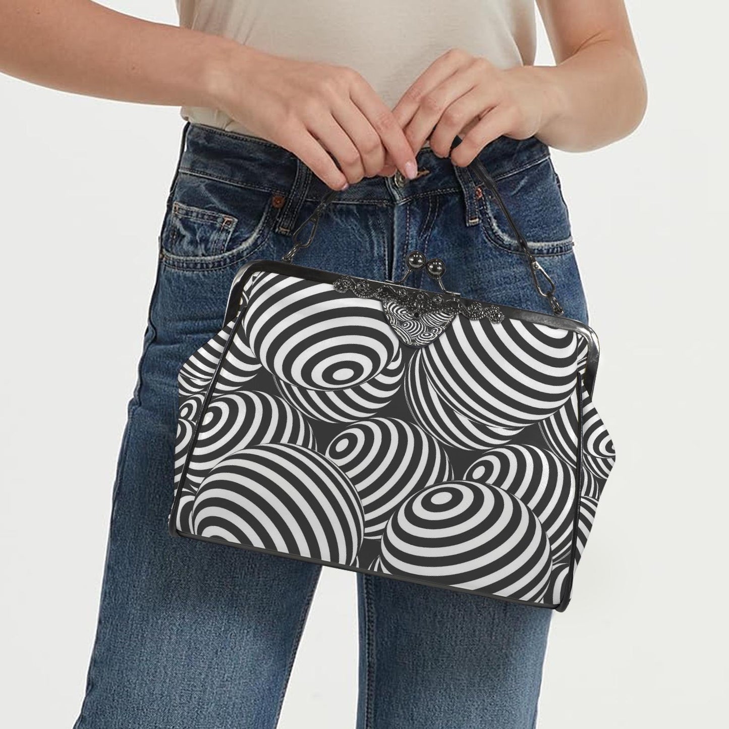 Black White Op-Art Kisslock Crossbody Bag – Vintage 80s Monochrome Handbag