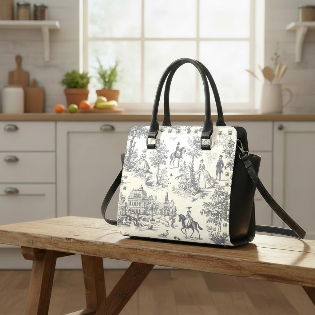 Toile de Jouy Black White Shoulder Handbag – French Vintage Style Purse