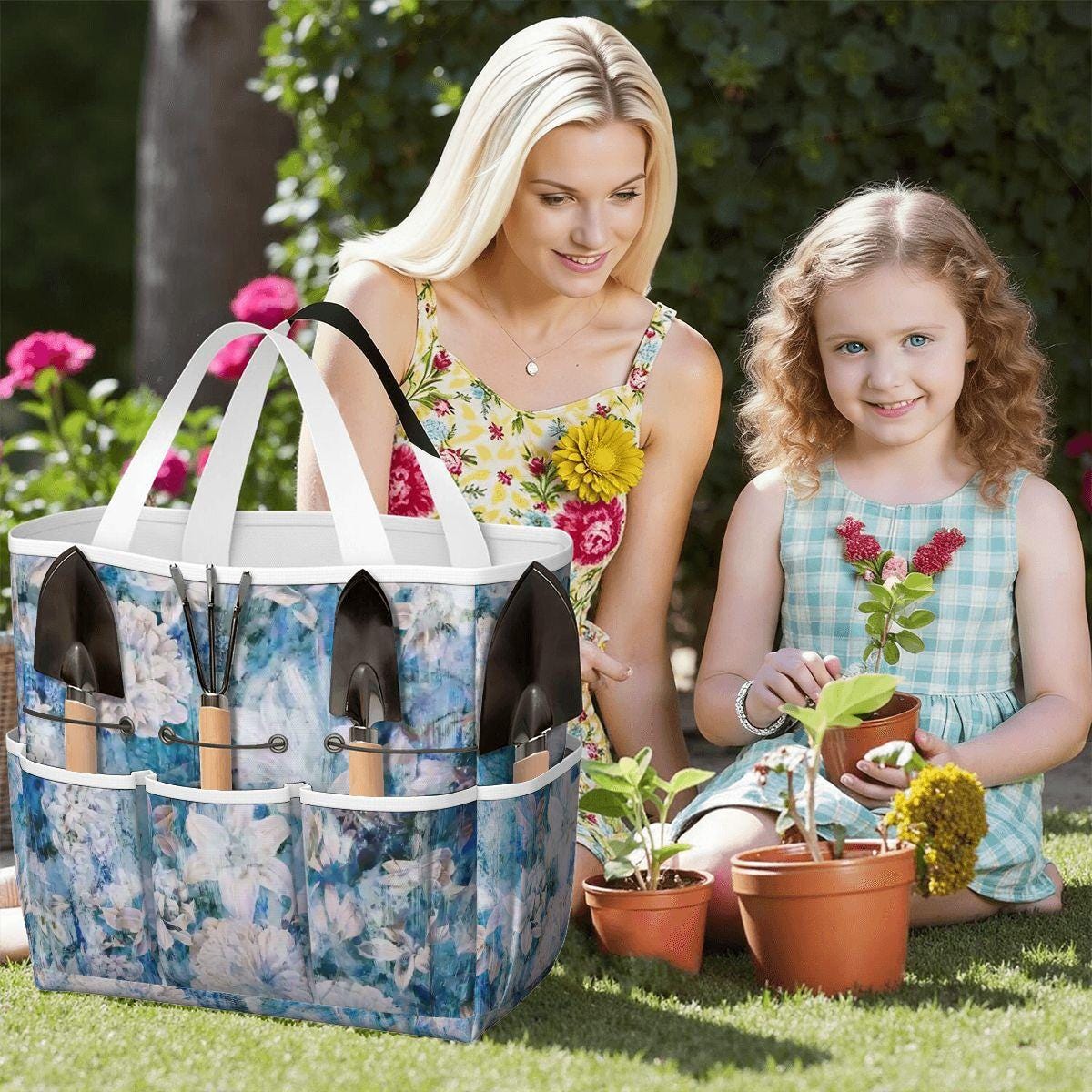 Blue White Flowers Gardening Tool Organizer Bag – French Vintage Look Tote