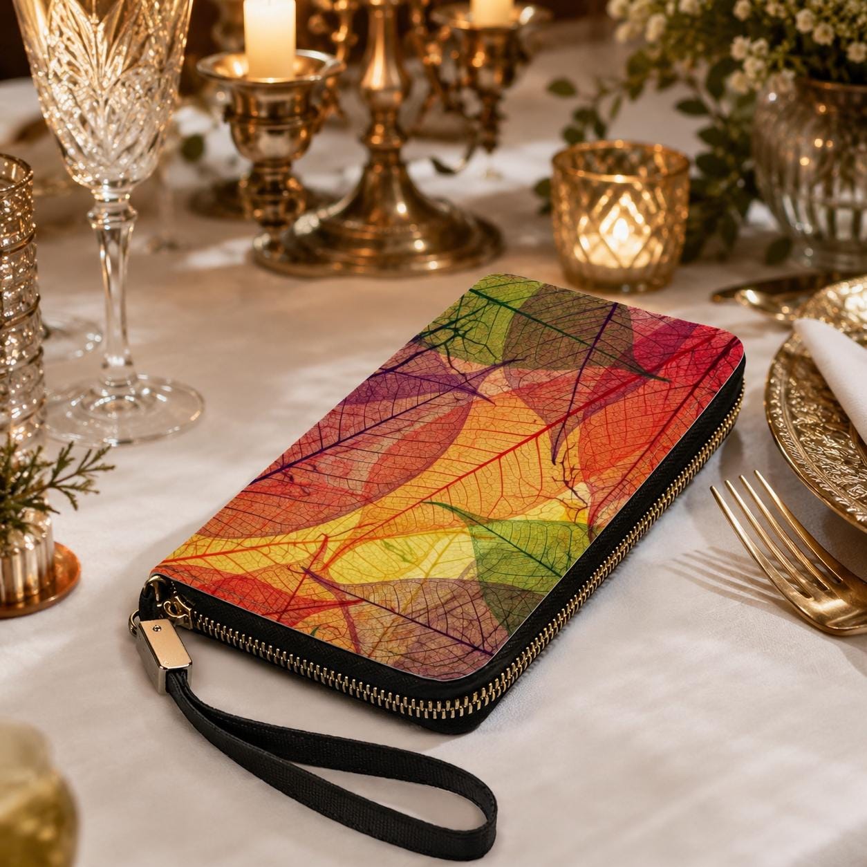 Translucent Leaf Veins Clutch Wallet – Orange Green Vegan Botanical Purse