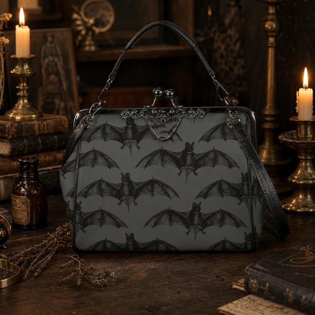 Moody Gothic Bats Kisslock Crossbody Shoulder Bag - Dark Academia Handbag