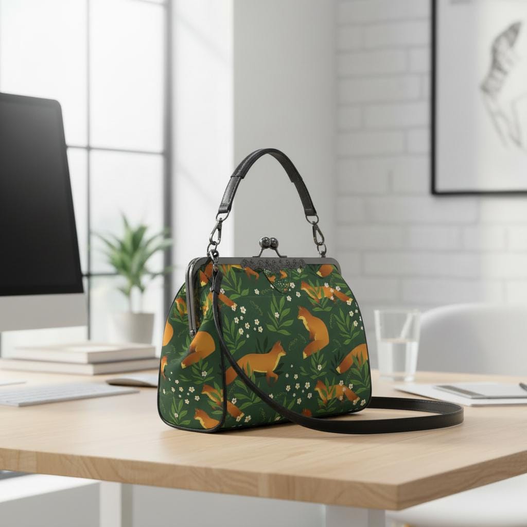 Green Orange Fox Vintage Kisslock Bag - Forest Crossbody Handbag