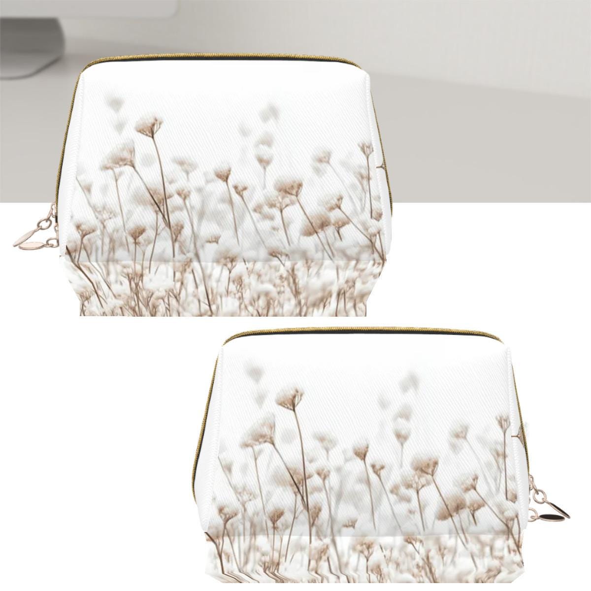 Delicate Flowers White Gold Makeup Bag – Floral Faux-Leather Travel Cosmetics Case