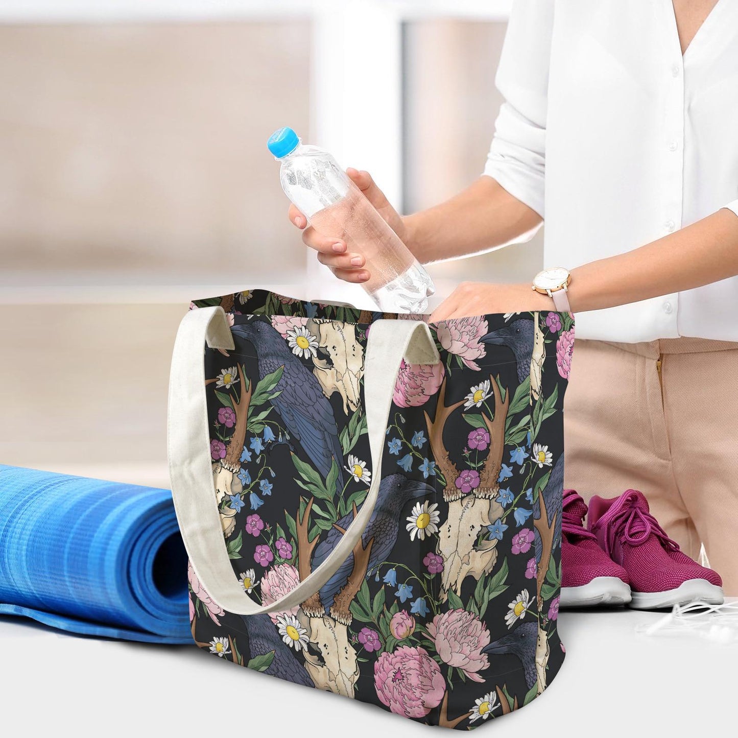 Dark Academia Raven Antler Cotton Yoga Tote – Shoulder Bag with Built-In Mat Storage