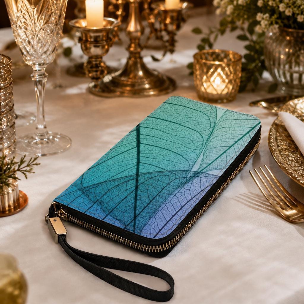 Translucent Leaf Veins Clutch Wallet – Purple Green Blue Botanical Purse