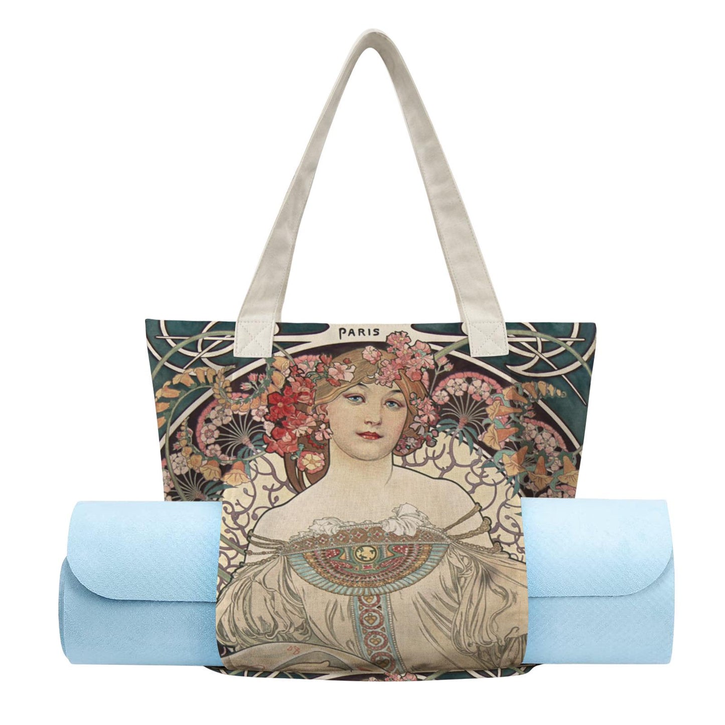 Art Nouveau Yoga Tote Bag with Mat Holder – Large Cotton Linen Fitness Shoulder Tote