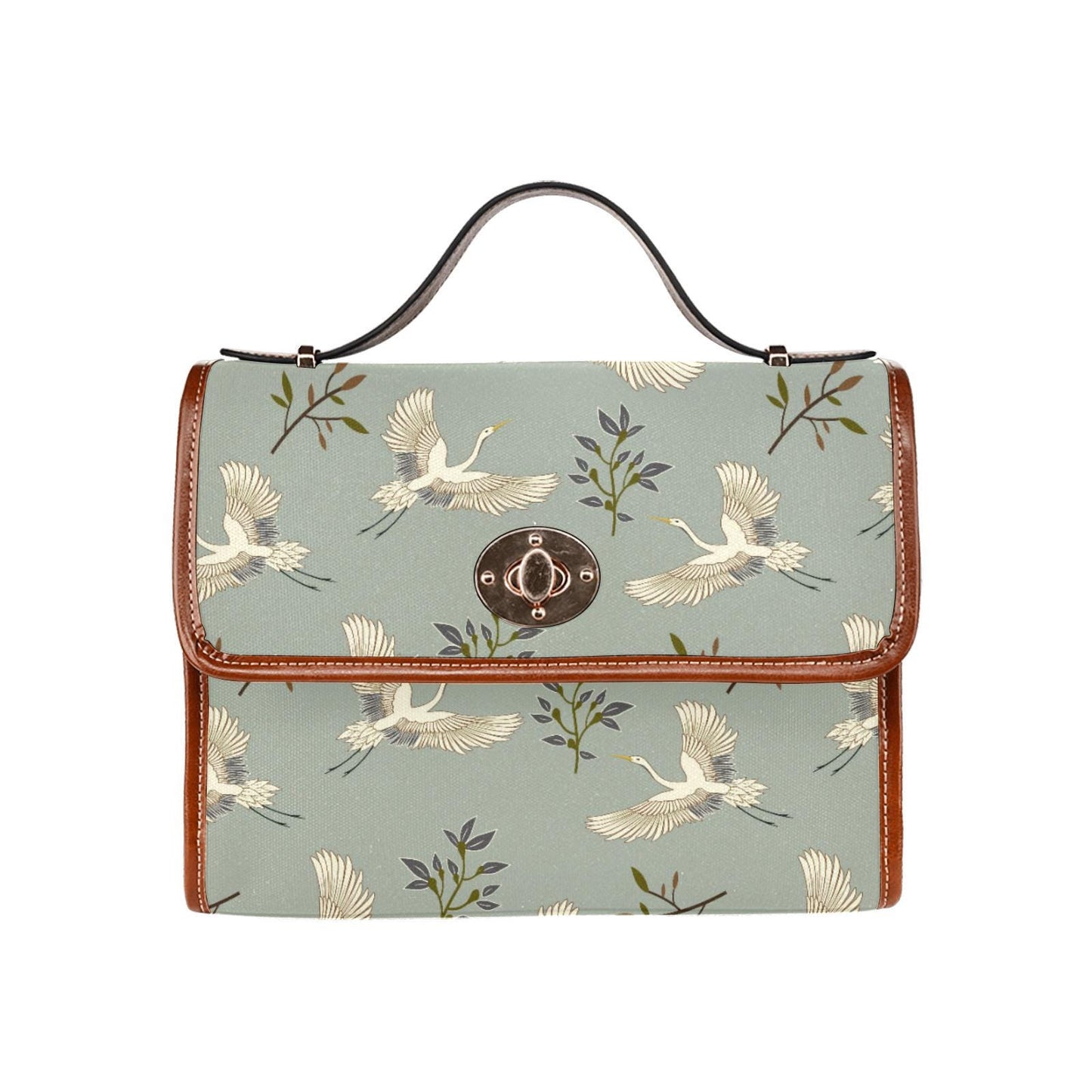 Cranes Canvas Crossbody Handbag – Vintage Gray Green Japandi Top Handle Bag