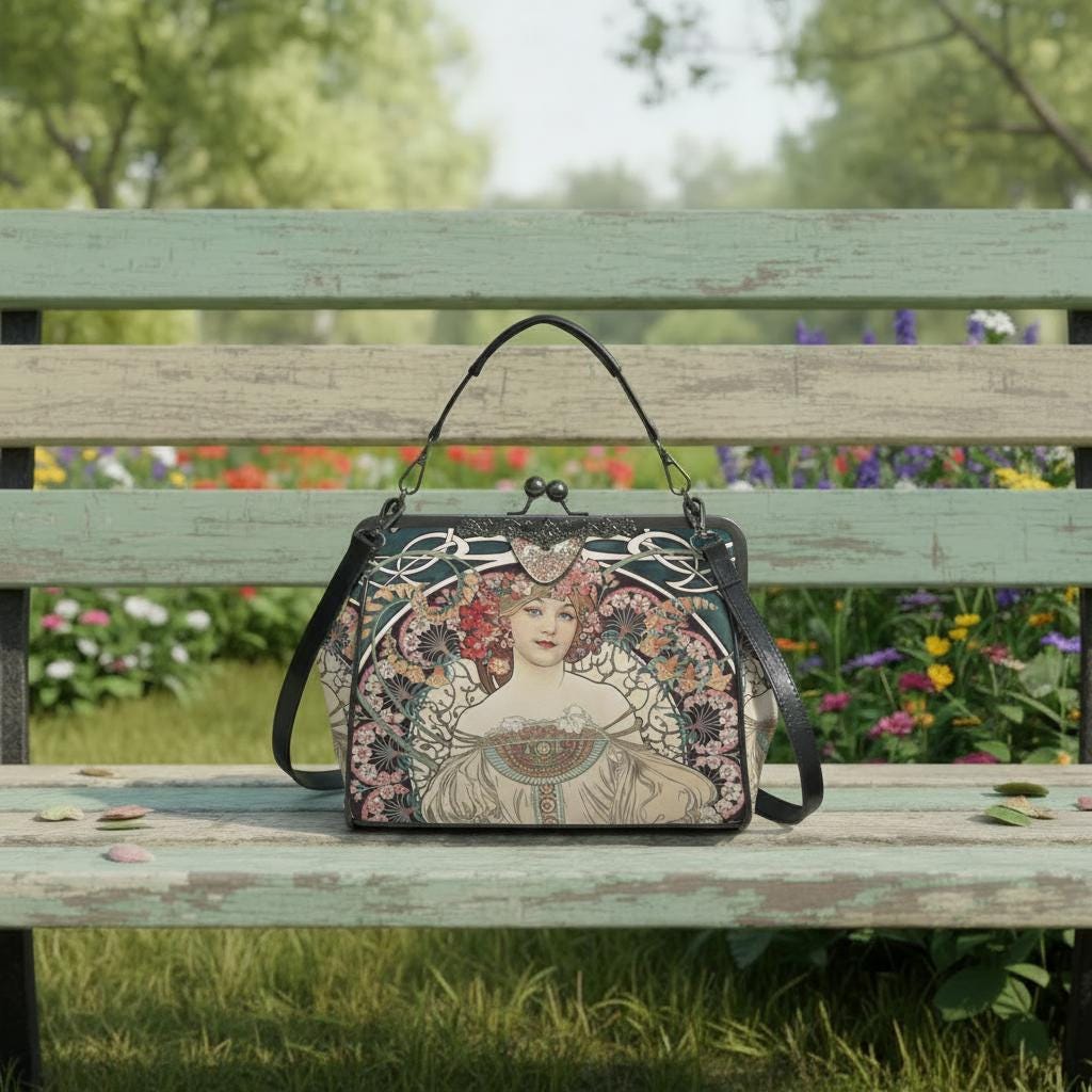 Art Nouveau Style Kisslock Crossbody Handbag - Vintage Romantic Bag