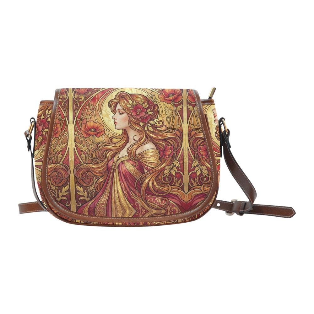 Art Nouveau Floral Saddle Bag, Romantic Crossbody or Shoulder Handbag