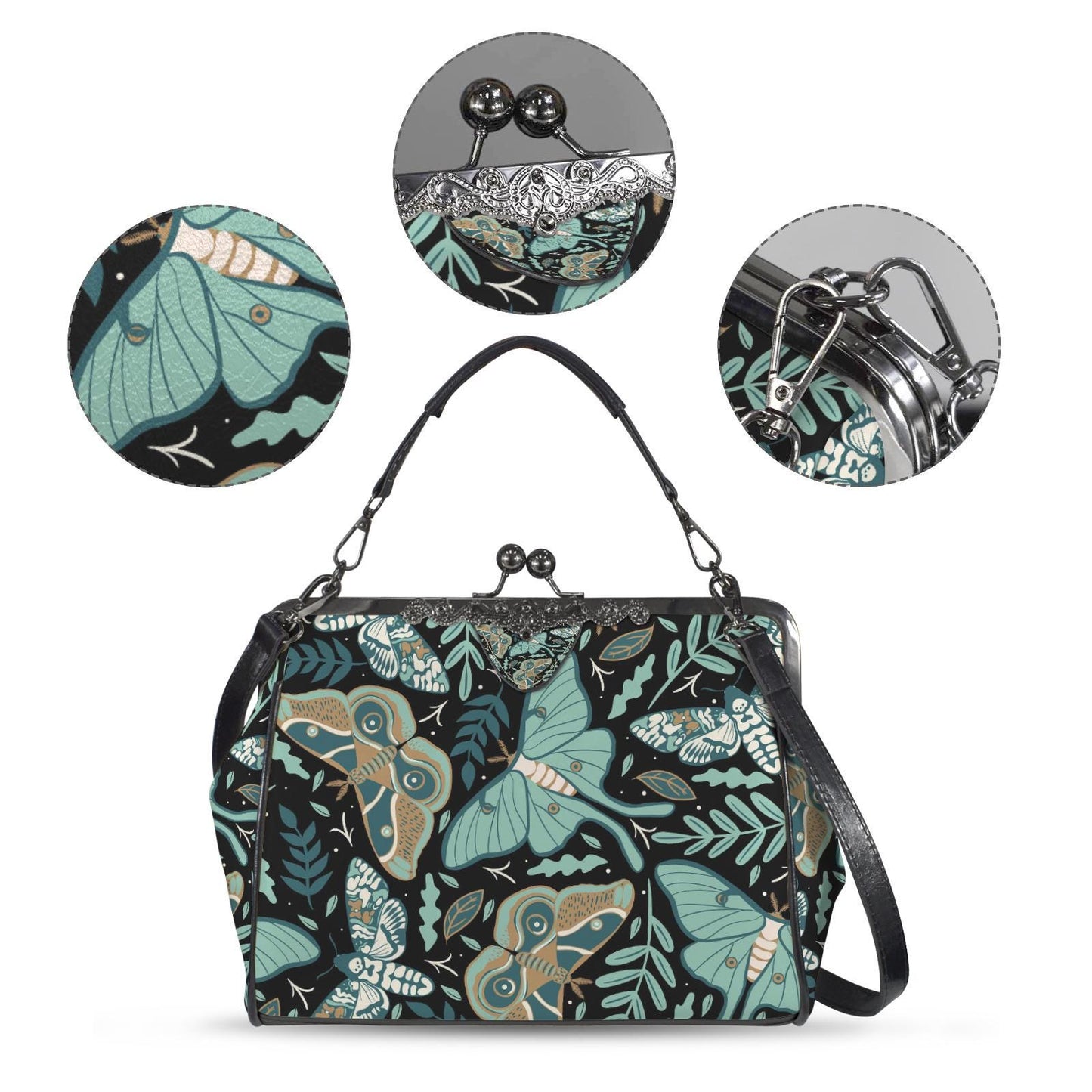 Moths and Moon Vintage Kisslock Crossbody Handbag – Dark Academia Adjustable Strap