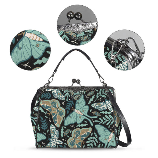 Moths and Moon Vintage Kisslock Crossbody-Handtasche – Dark Academia Verstellbarer Riemen