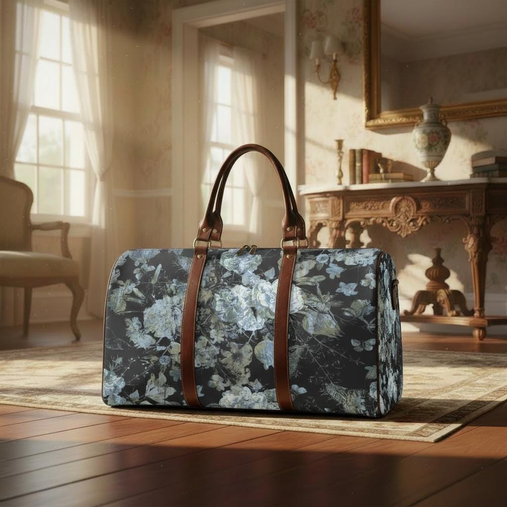 Dark Academia Black Gray Floral Travel Bag – Waterproof Grunge Weekender Duffle